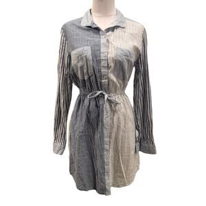 Japna Blue Striped Shirt Dress Tie Waist Coastal Cottagecore Medium 100% Cotton